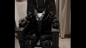 Before and after super heavy bondage chair rubber catsuit studio gum mask and blow up collar