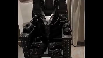 Before and after super heavy bondage chair rubber catsuit studio gum mask and blow up collar