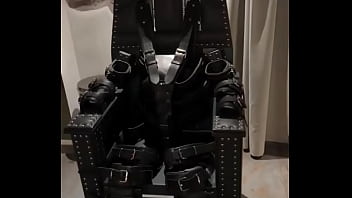 Before and after super heavy bondage chair rubber catsuit studio gum mask and blow up collar