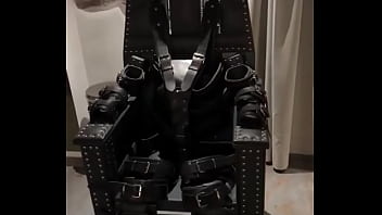 Before and after super heavy bondage chair rubber catsuit studio gum mask and blow up collar