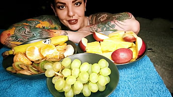 Hot horny tattooed bitch sexy eating fruit and pouring sweet yogurt on her boobs Hot horny tattooed bitch sexy eating fruit and pouring sweet yogurt on her boobs