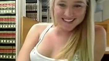 Sexy blonde busty teen masturbates in public library
