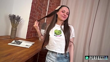 Skinny petite 18yo gets a bit awkward in front of the camera for perfect18