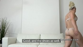 Blonde bangs agent in reverse cowgirl