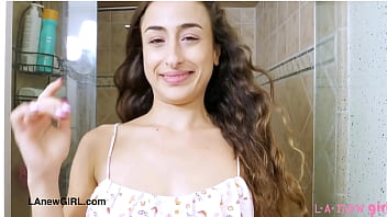 Aspiring teen brunette took a shower