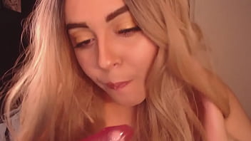 Blonde babe sucking on toy teasing you