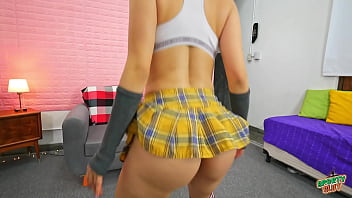 Perfect busty doll round jiggly bubble butt on a mini skirt