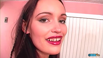 Cute brunette with red lipstick gets double penetrated in a threesome