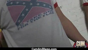 Black chick deepthroats a group of white studs and gets rewarded with cum 13