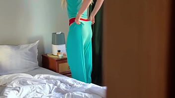 Step mom caught step son jerking off and helps to cum quick in her panties and pull them up