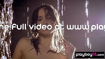 Petite brunette hottie showering her juicy shaved pussy