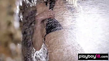 Petite brunette hottie showering her juicy shaved pussy