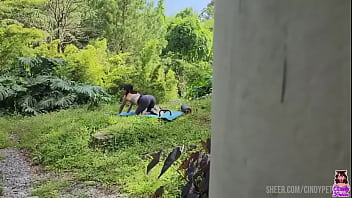 I found the neighborhood slut doing yoga in the park and fucked her right there