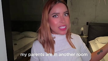 Latina with a big butt fucks her boyfriend while her parents are in the other room