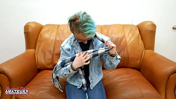 Skinny blue haired raven finger fucks her pussy and enjoys sucking a cock