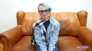 Skinny blue haired raven finger fucks her pussy and enjoys sucking a cock