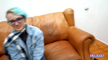 Skinny blue haired raven finger fucks her pussy and enjoys sucking a cock