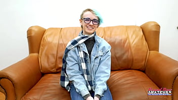 Skinny blue haired raven finger fucks her pussy and enjoys sucking a cock