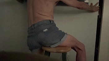 Short version in wife’s denim shorts grinding butt groin and bulge on stool