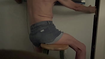Short version in wife’s denim shorts grinding butt groin and bulge on stool