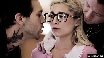 Blonde skinny teen got banged in a foursome group sex