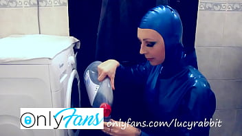 Let's Wash Laundry Dressed In Blue Latex Catsuit thumbnail