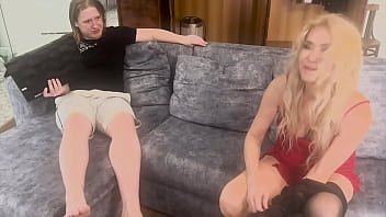 Mature woman in red slit dress seduces young man with pantyhose and fucks