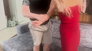Mature woman in red slit dress seduces young man with pantyhose and fucks