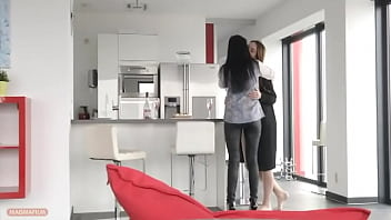 Two long haired beauties black and brunette have a sexy encounter in no man's land