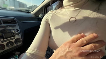 Playing with his cock on parking slot in day time public blowjob