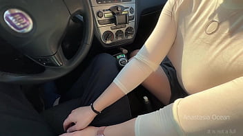 Playing with his cock on parking slot in day time public blowjob