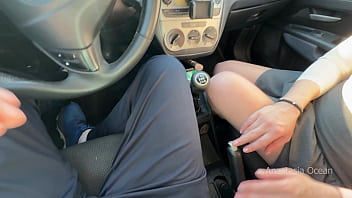 Playing with his cock on parking slot in day time public blowjob