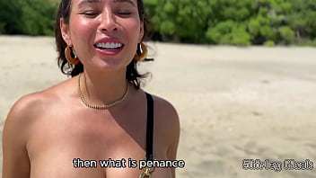 Busty milf loses a bet and has to pay up right on the beach