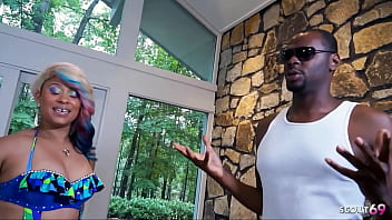 Slim black redhead girl with huge fake ass seduce to first time porn casting fuck with big black cock stranger