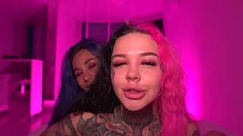 Powerful cum on big tits of two sluts