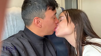 Dirty couple piss and cum a train and kiss with cum on face and suck nose with walk and piss on wet pants