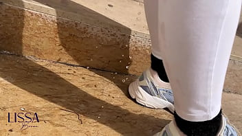 Dirty couple piss and cum a train and kiss with cum on face and suck nose with walk and piss on wet pants