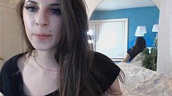 Blue eyed brunette with vibrator gets on of her webcam