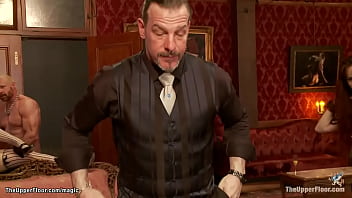 Senior slaves bella rossi and juliette march together with ebony nikki darling are tormented and big cock fucked in pussies and throats at bdsm orgy party in the upper floor