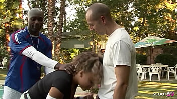 Brown skin ebony bitch with round ass seduce to interracial anal and dp threesome fuck by two monster cock