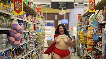 Curvy sexy women pulls out tits in grocery store