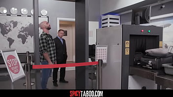 Brunette babe gets gangbanged by security guards at the airport