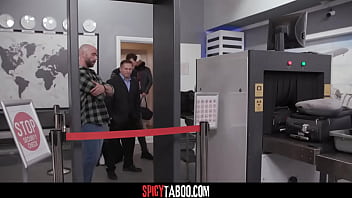 Brunette babe gets gangbanged by security guards at the airport