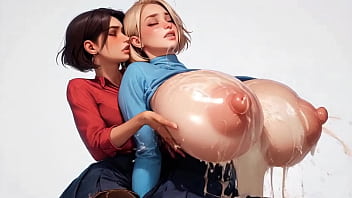 Two horny young ai secretaries milk each other's plump milk udders