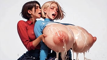 Two horny young ai secretaries milk each other's plump milk udders