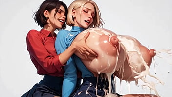 Two horny young ai secretaries milk each other's plump milk udders