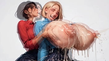 Two horny young ai secretaries milk each other's plump milk udders