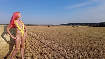 Yellow slingshot bikini on the field