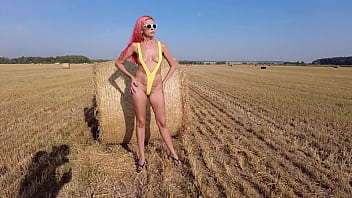 Yellow slingshot bikini on the field