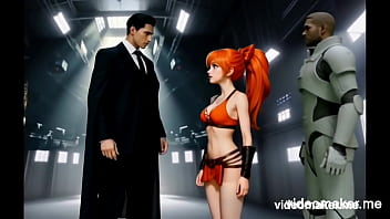 A small very cute young woman with long orange hair will be surprise by an evil genius on an island